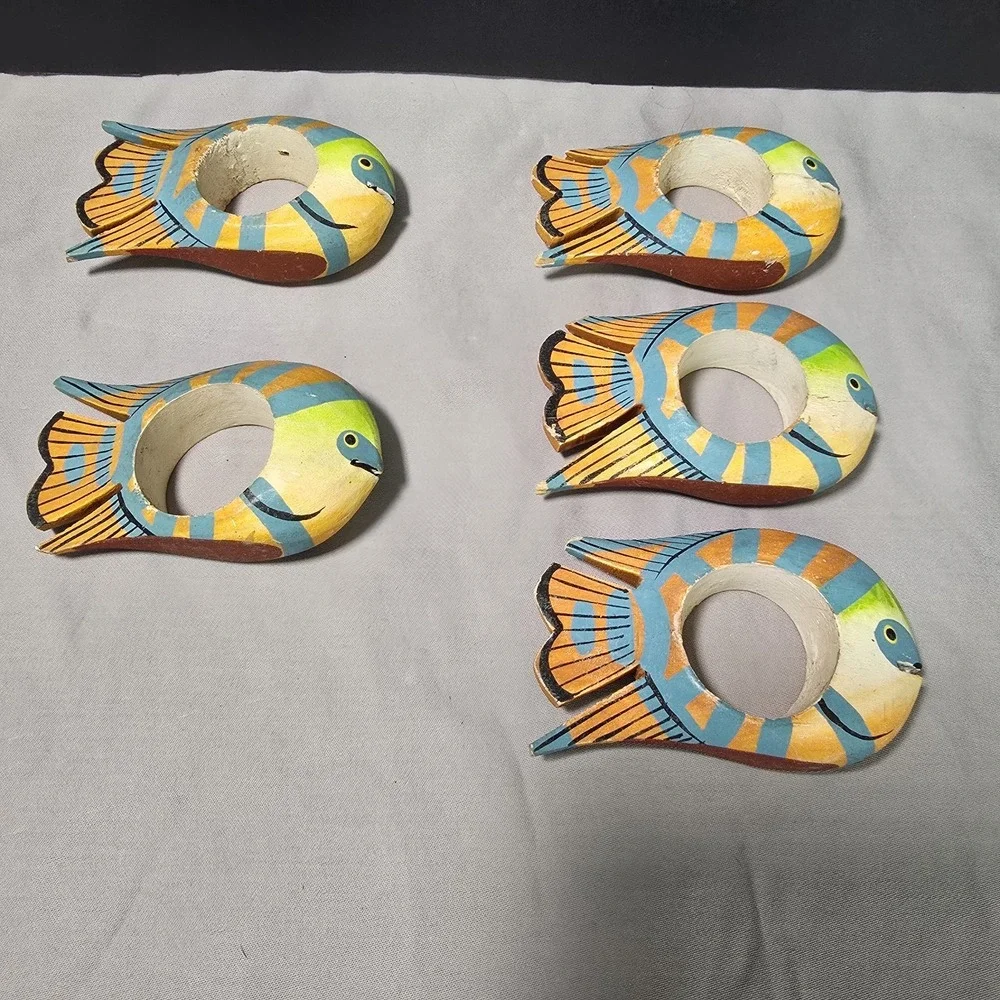Tropical Fish Napkin Holders VTG Hand Carved Hand Painted 80s 90s